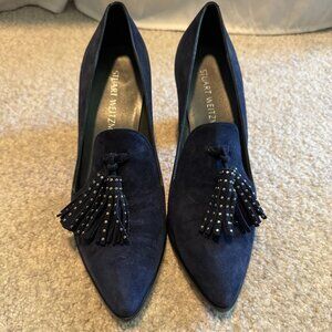 Stuart Weitzman Moriah Navy Heeled Loafers with Tassel